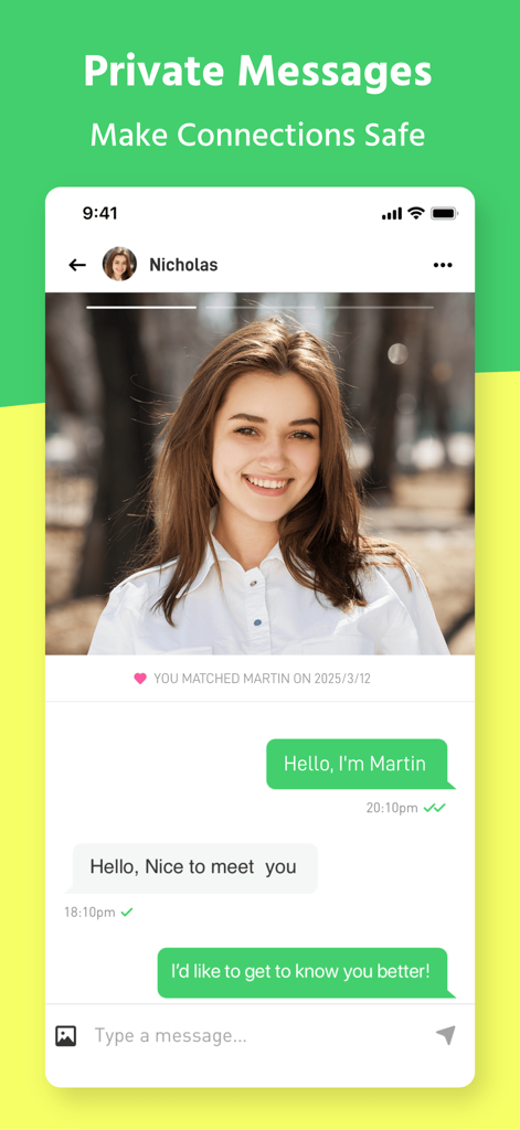 Die private Nachrichtenoberfläche der MPWH-Dating-App, die einen sicheren Chat zwischen zwei gematchten Benutzern zeigt