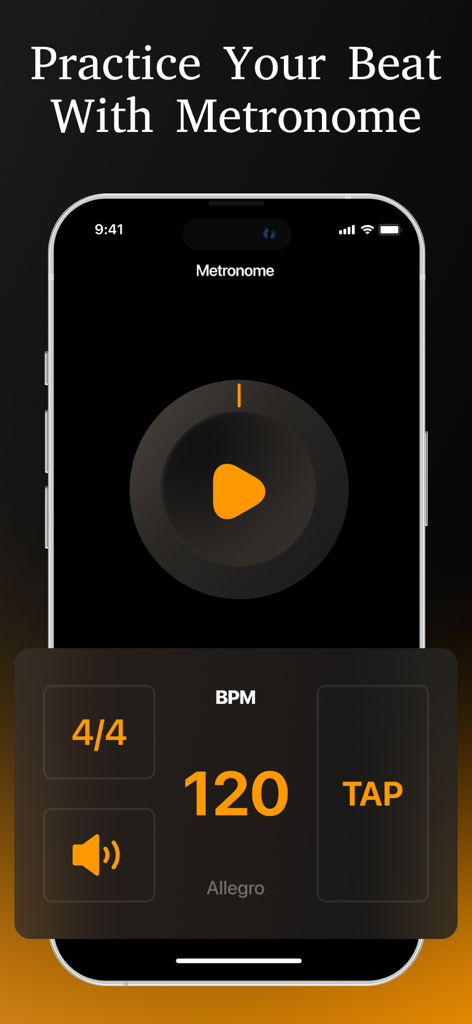 Interface de metrônomo no aplicativo Afinador de Guitarra para praticar batida e ritmo a 120 BPM