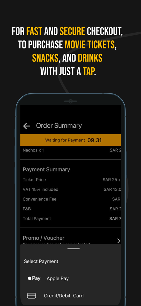 Play Cinemas app order summary screen showing payment options including Apple Pay
