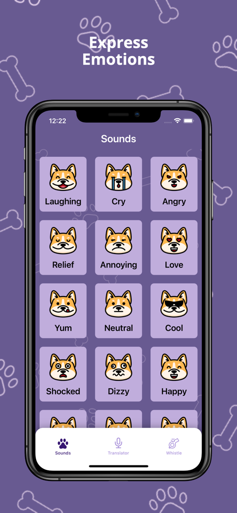 Dog Translator! Game for Dogs - Dog Translator app soundboard interface with different dog emotion icons