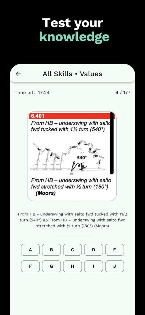 Gym Art - Gym Art mobile app screen showing a gymnastics skill value quiz with technical illustrations and multiple choice options.