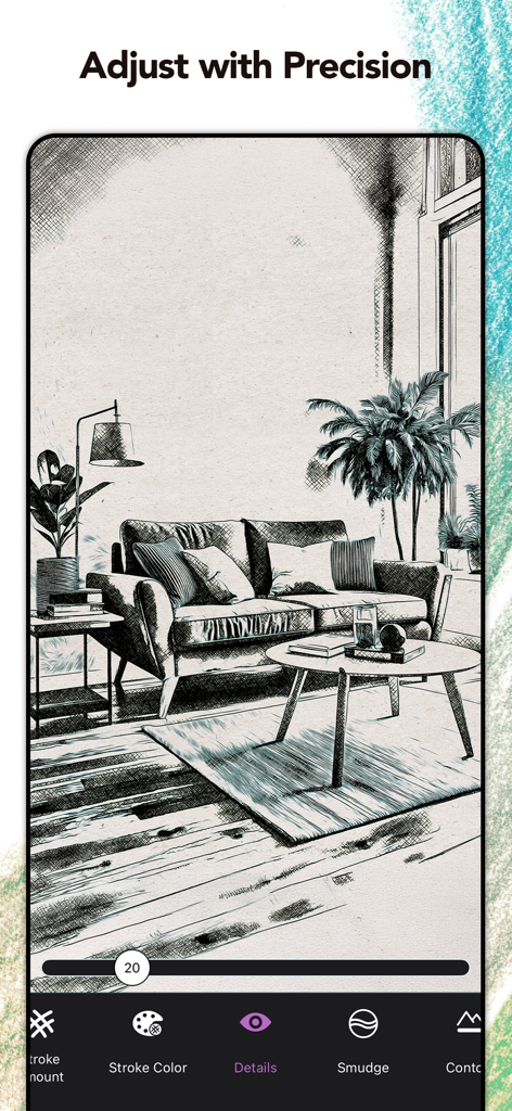 Ein Wohnzimmerfoto, das in eine Bleistiftskizze umgewandelt wurde und mit Präzisionswerkzeugen in der Graphite-App angepasst wird