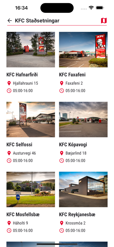 KFC Iceland - Pantalla de la aplicación móvil mostrando varias ubicaciones de restaurantes KFC en Islandia con fotos y direcciones