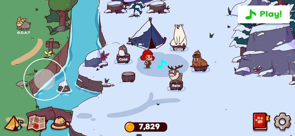 MyVoiceZoo Game - MyVoiceZooの雪景色のアニマルパークエリア。キャラクターはホッキョクグマ、トナカイ、セイウチに囲まれています