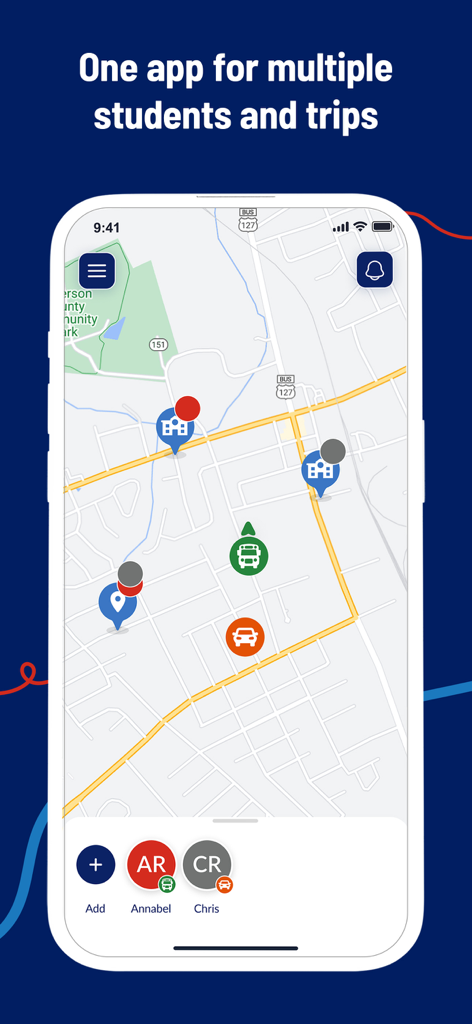 Smartphone screen displaying the First View app map with real-time tracking for multiple students and their school transportation trips.