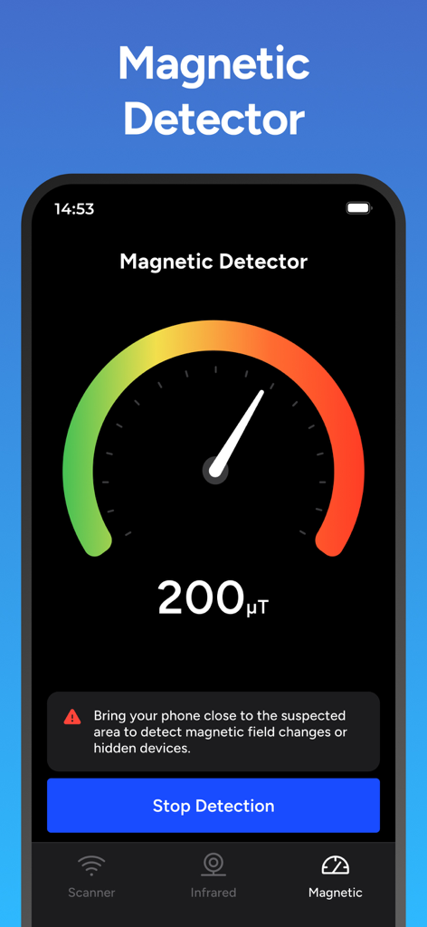 Hidden Camera Detector - Peek - Smartphone screen showing the magnetic detector feature of the Hidden Camera Detector app with a gauge measurement