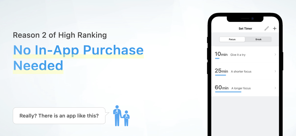 Focus: Pomodoro Study Timer - Interfaccia dell'app Focus Pomodoro Study Timer che evidenzia che non sono necessari acquisti in-app