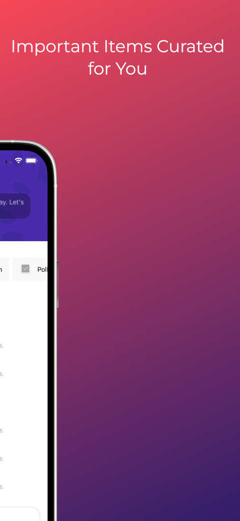 A smartphone display showing the Firstup app screen with the headline Important Items Curated for You on a purple gradient background.