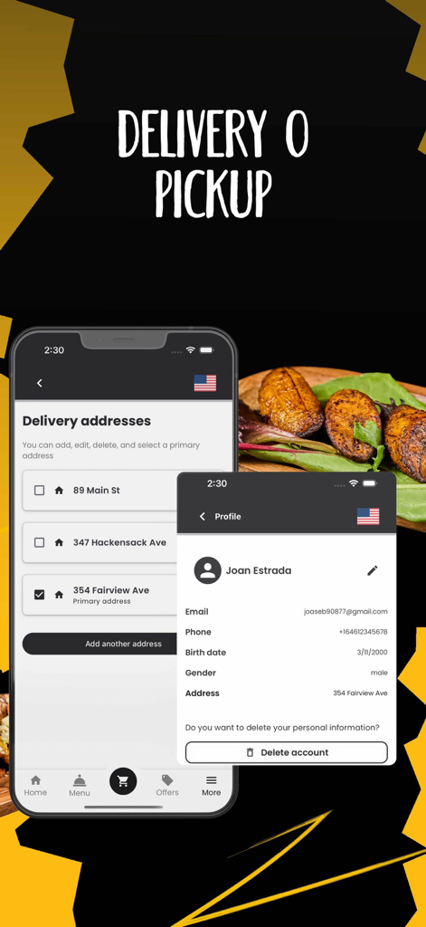 Monchy's Fast Food - Monchys Fast Food app interface showing delivery address selection and user profile management screens