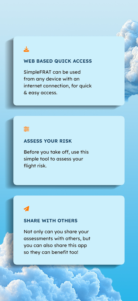 Simple FRAT - Screenshot of Simple FRAT app highlighting web access, risk assessment tools, and sharing features against a cloudy sky background.