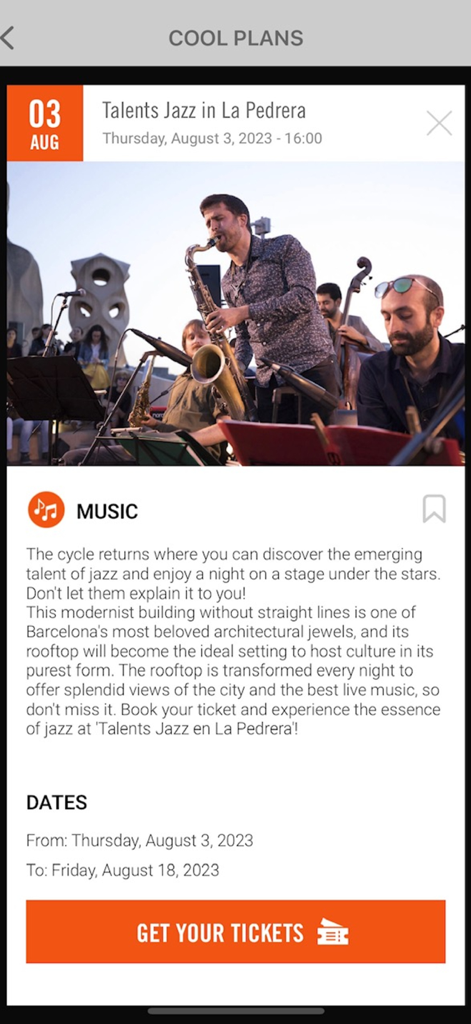CityMe AI - CityMe AI app interface displaying a jazz concert event listing at La Pedrera rooftop in Barcelona