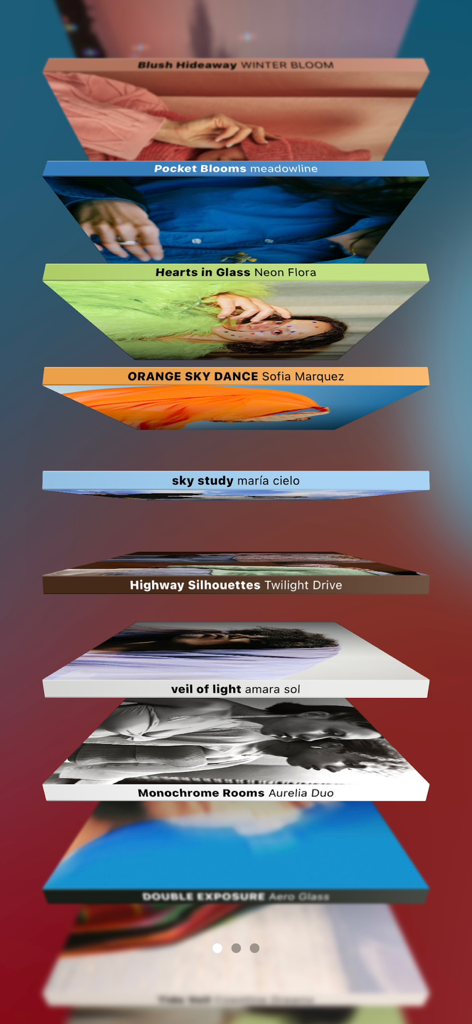 A vertical stack of aesthetic 3D album covers within the MD Vinyl app interface