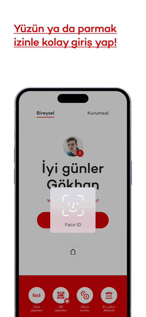 Face ID 및 생체 인식 보안 옵션을 특징으로 하는 Akbank 모바일 앱 로그인 화면