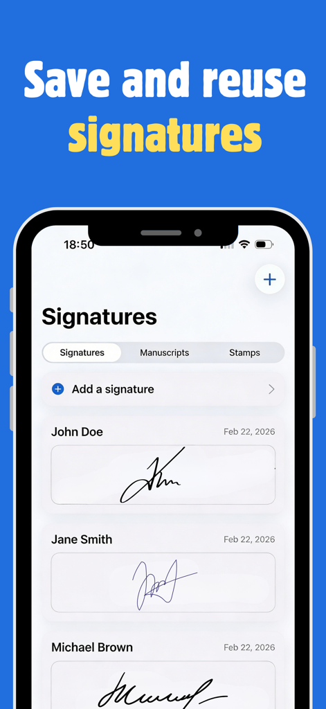 Signature Maker - Easign - Interface showing saved digital signatures in the Signature Maker Easign app.