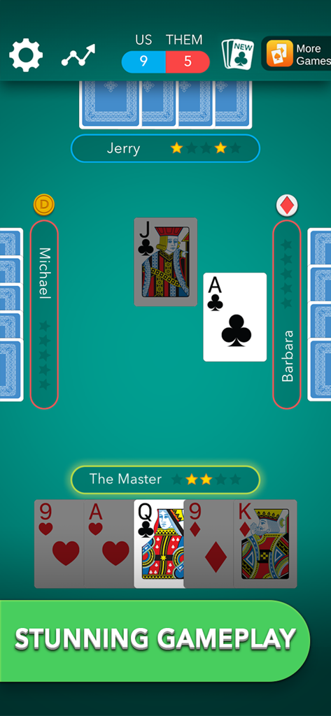 Captura de tela da jogabilidade do Euchre Classic Card Game mostrando grandes cartas legíveis e uma interface verde limpa durante uma partida.