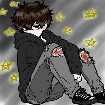 a male hoddie ripped jeans messy hair anime
