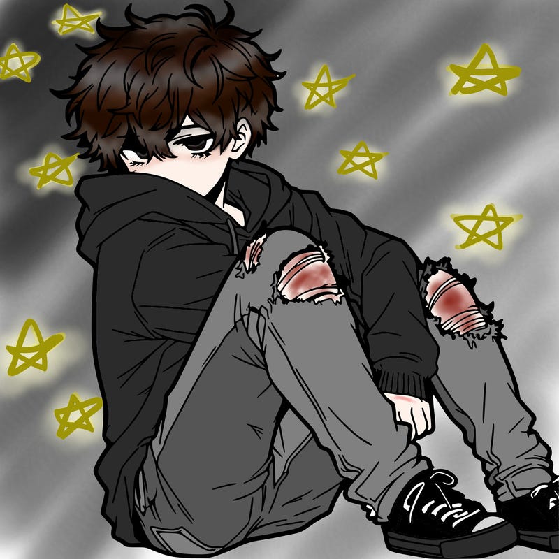 a male hoddie ripped jeans messy hair anime