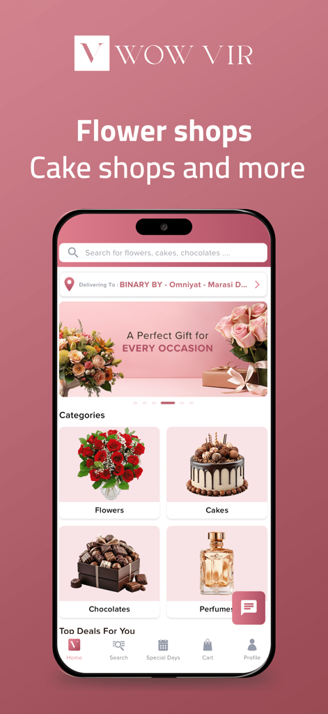 WOW VIR: Flowers Cakes & Gifts - Pantalla de inicio de la aplicación móvil WOW VIR mostrando categorías de regalos para flores, pasteles, chocolates y perfumes