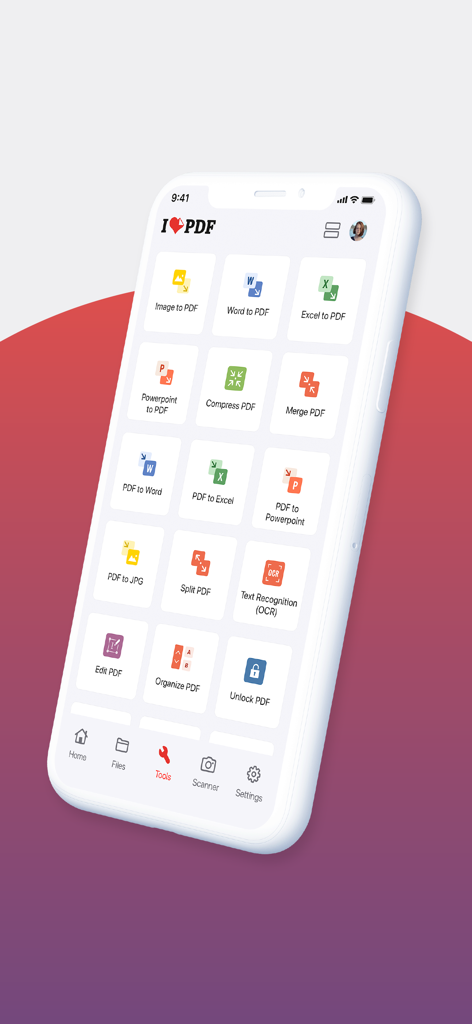 iLovePDF - PDF Editor & Scan - Smartphone screen displaying the iLovePDF app dashboard with various document processing tools like PDF converter and editor.