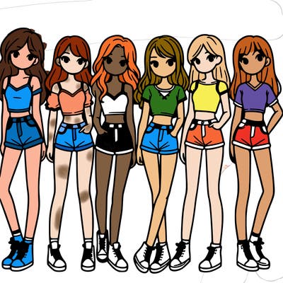 a group of girls wearing crop tops and shorts