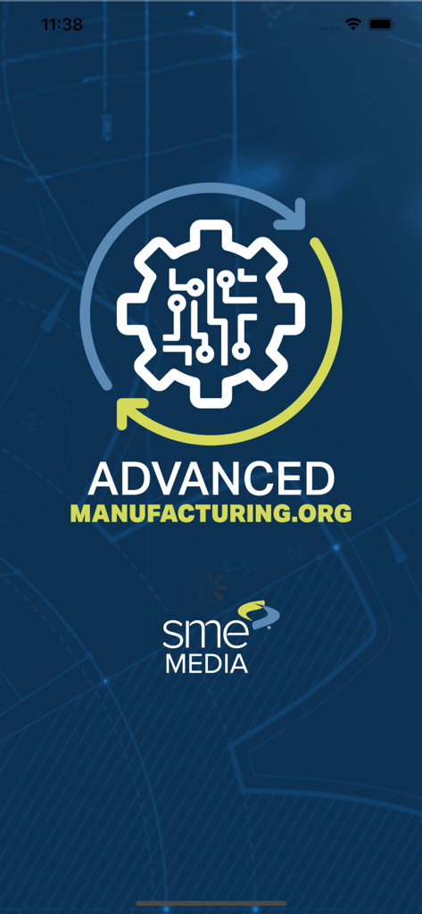 Startbildschirm der Advanced Manufacturing App mit einem Zahnrad- und Schaltungslogo von SME Media.