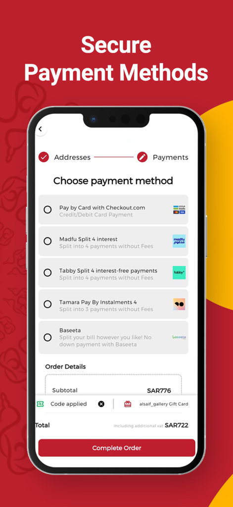 Alsaif Gallery | السيف غاليري - Alsaif Gallery app checkout screen showing secure payment options including credit card and installment plans