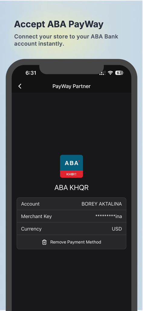 Redbox Merchant - Interfaz para conectar una cuenta bancaria ABA y el método de pago KHQR en la aplicación Redbox Merchant