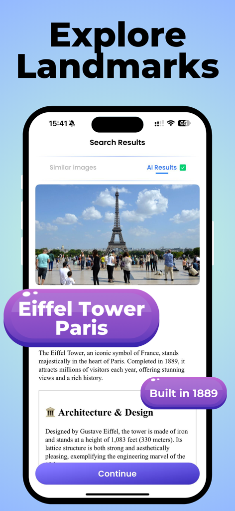 Lens App-Oberfläche, die den Eiffelturm in Paris mittels KI-Bildersuche identifiziert