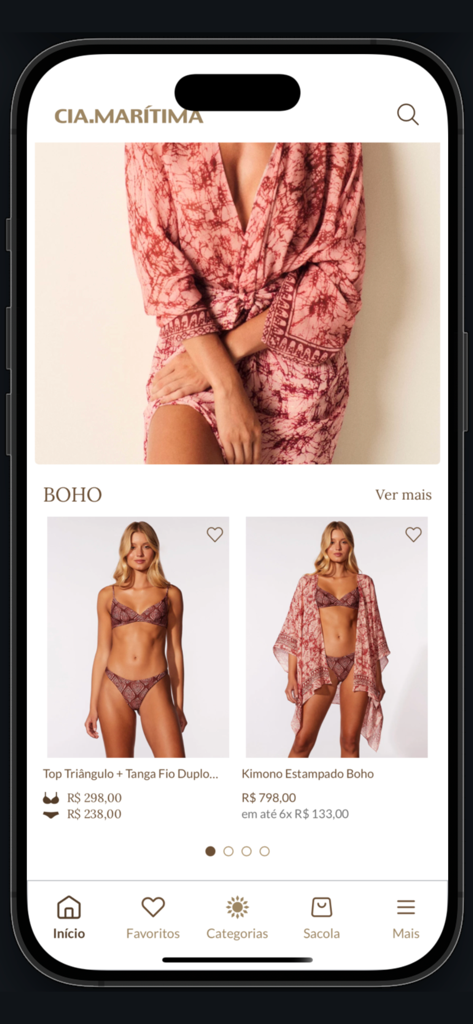 Cia Marítima - Cia Maritima shopping app interface displaying the Boho resort wear collection.
