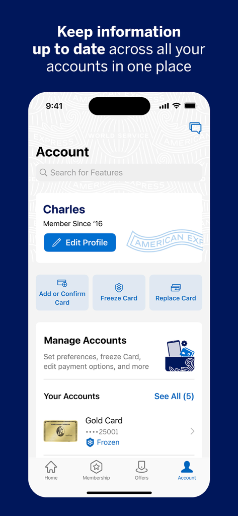 Uma interface móvel do aplicativo American Express mostrando as configurações da conta, perfil do usuário e recursos de gerenciamento de cartão, como bloquear cartão e substituir cartão.