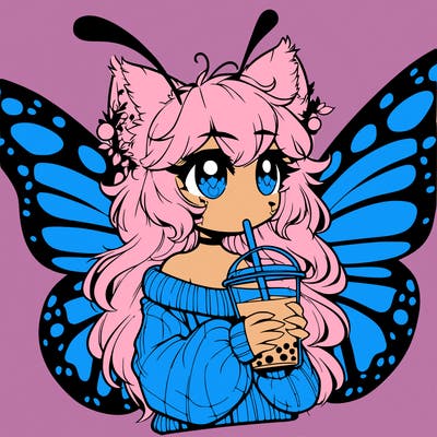 a realistic butterfly/furry girl drinking boba