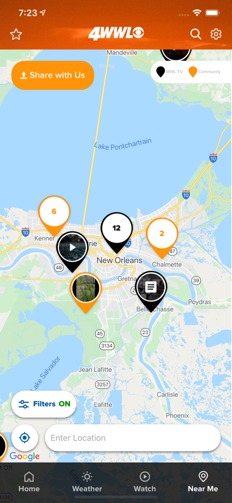 New Orleans News from WWL - Mapa interactivo del Gran Nueva Orleans en la aplicación de noticias WWL con reportajes de la comunidad local.