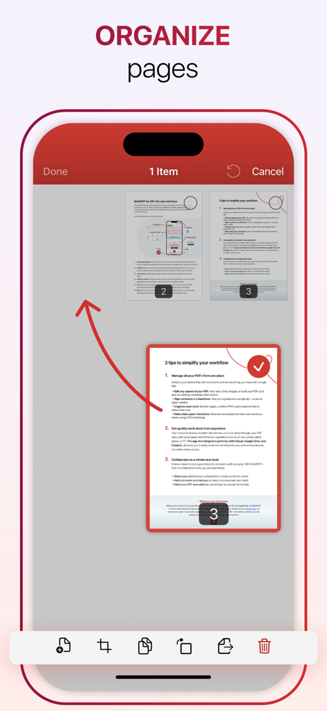 Interface do aplicativo MobiPDF mostrando como organizar e reorganizar páginas de PDF em um dispositivo móvel