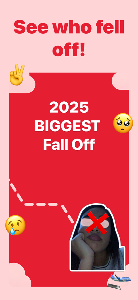 Screenshot of the 2025 Wrapped app showing the Biggest Fall Off feature with a red card and emojis