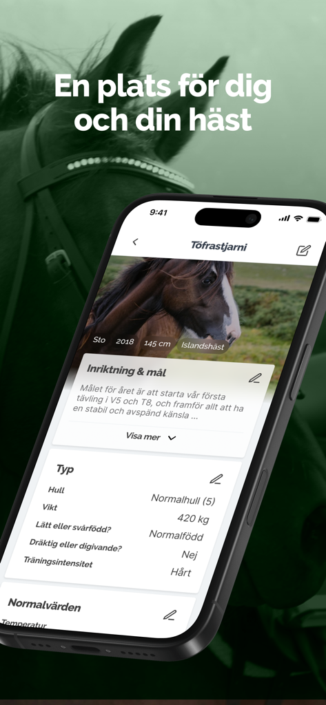 HayHay: För häst & ridning - Smartphone displaying a horse profile with health and training data in the HayHay app