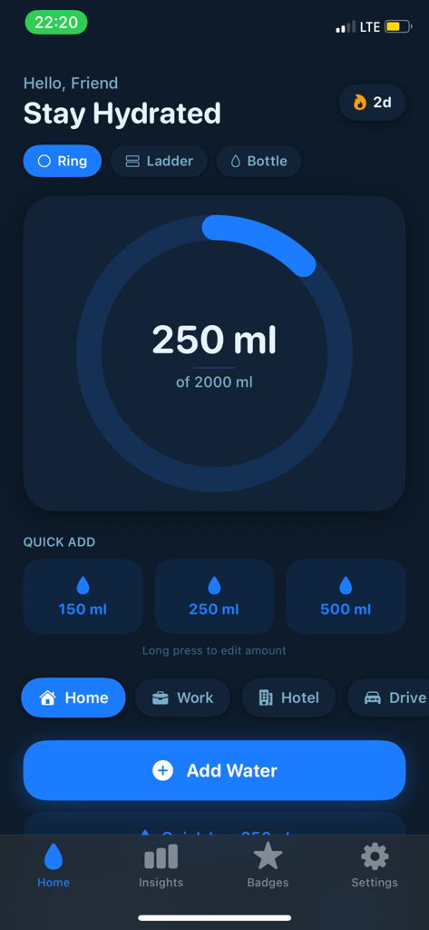 Aquare app home screen showing a daily water intake progress ring and quick add buttons