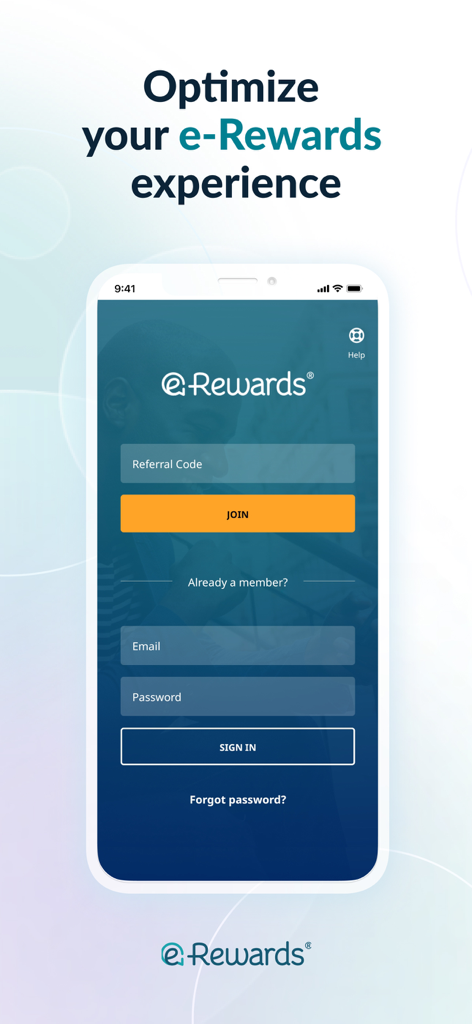 Écran de connexion de l'application e-Rewards avec les champs pour l'e-mail, le mot de passe et le code de parrainage