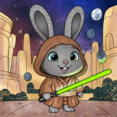 little jedi bunny with a lightsaber and a hood