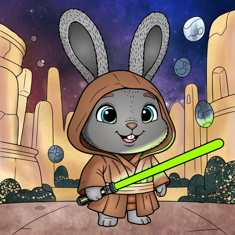 little jedi bunny with a lightsaber and a hood