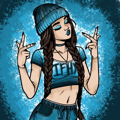 realistic teenage girl with braids and a beanie and crop top doing 🫶🏼