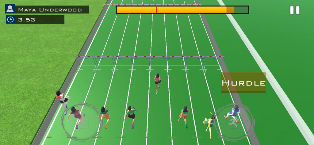 Athletic Games - A hurdles race gameplay screen from the Athletic Games sports simulation app showing female athletes on a track.