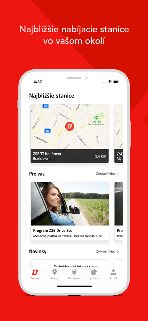 ZSE Drive app dashboard showing nearby electric vehicle charging stations