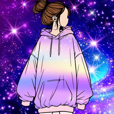 realistic girl with a oversized sweatshirt on and a bun