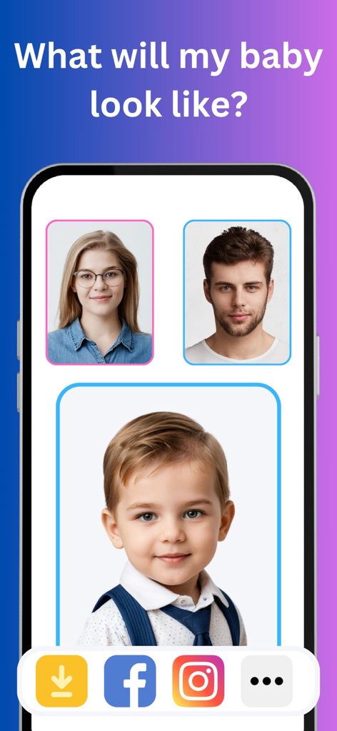 Una interfaz de aplicación móvil que muestra las fotos de dos padres y la imagen generada por IA de su futuro bebé.
