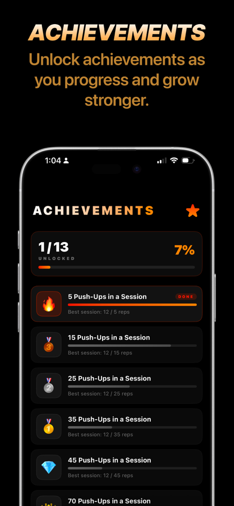 The Push Up Challenge - Achievements screen in The Push Up Challenge app showing unlocked milestones for different push-up counts.