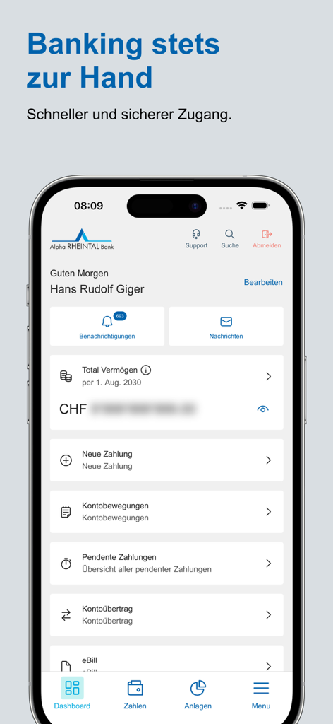 Alpha RHEINTAL Bank Mobile E-Banking Dashboard mit Gesamtvermögen und Kontoübersicht
