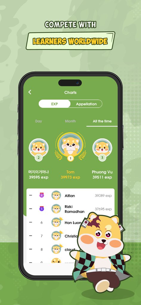 Learn Japanese - HeyJapan - A global leaderboard screen in the HeyJapan app showing rankings and experience points for Japanese language learners