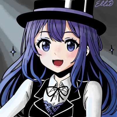 anime girl smiling and wearing a black top hat