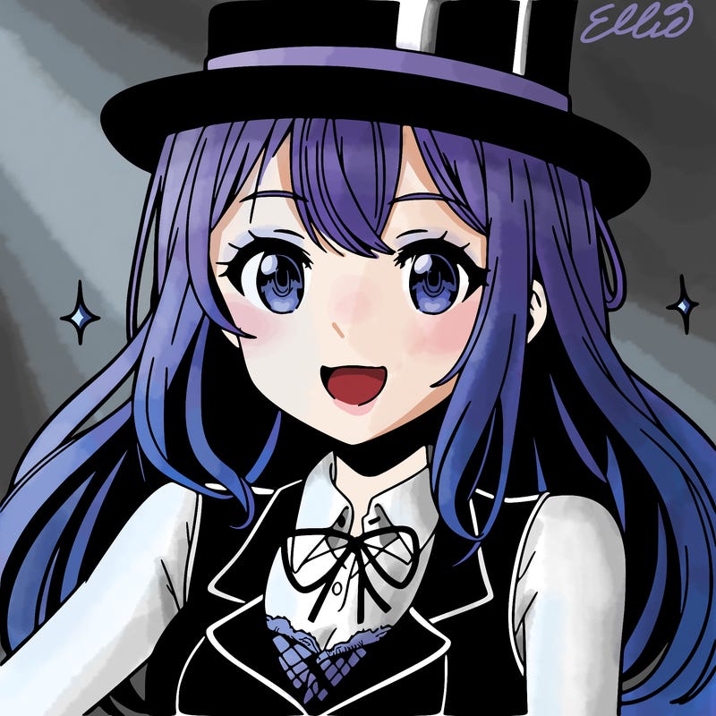 anime girl smiling and wearing a black top hat