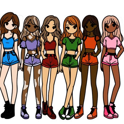 a group of girls wearing crop tops and shorts